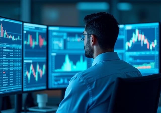 Professional financial analyst reviewing market data on multiple screens