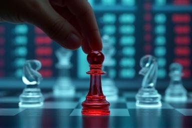 Hand adjusting a chess piece on a board with stock market numbers in the background