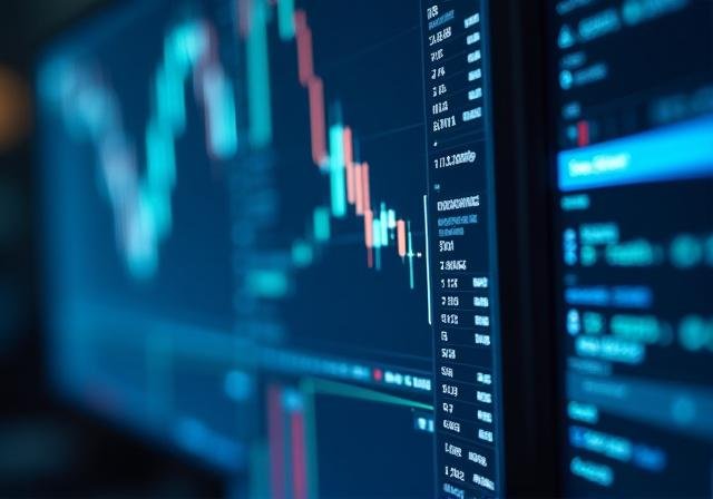 Close-up of professional multi-monitor trading desk with financial charts